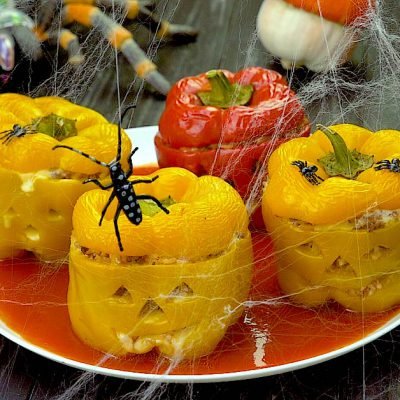 jack-o'-lantern stuffed peppers
